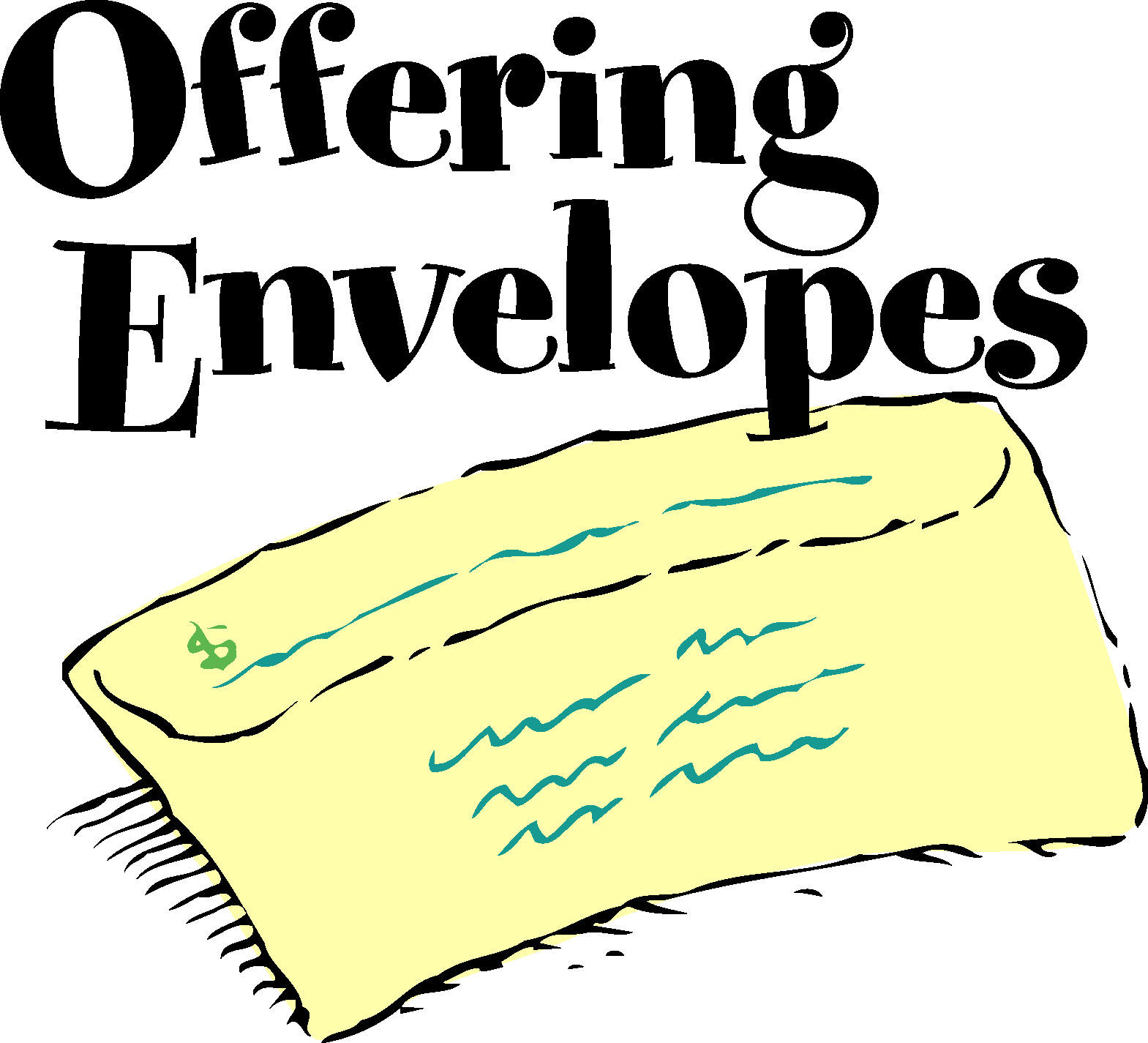 Illustrated yellow envelope with handwritten lines and a green stamp, labeled "Offering Envelopes".