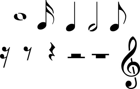 Collection of black musical notation symbols on white background including notes, rests, clef, and accidentals.