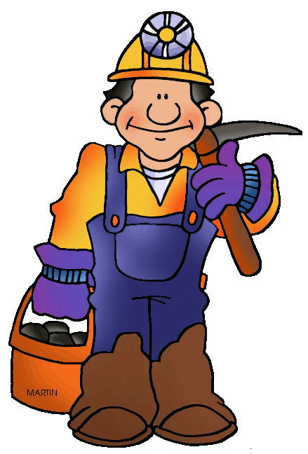 Cartoon miner named Martin wearing a hard hat with lamp, holding pickaxe and bucket of coal.