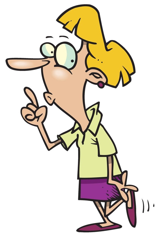 Cartoon woman with blonde hair, pointing upward thoughtfully while walking.