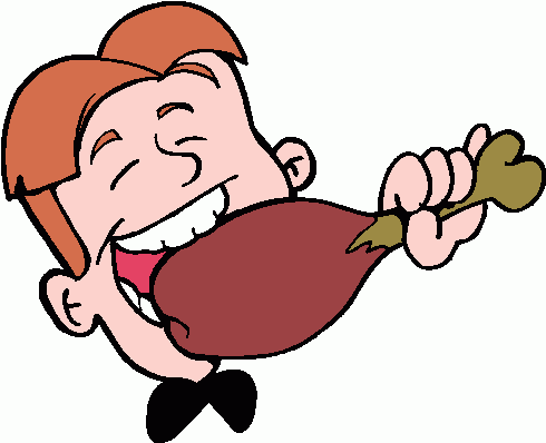 Happy cartoon boy with red hair biting into a large roasted turkey leg, eyes closed in delight.