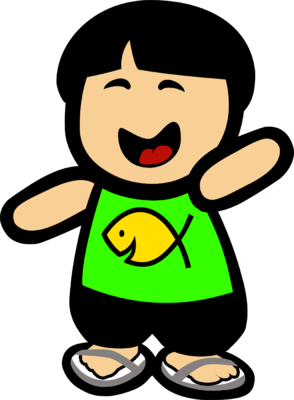 Happy cartoon child in green fish-print shirt and sandals, arms raised joyfully.