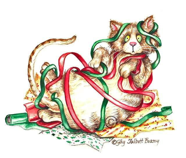 Festive Cat Tangled in Holiday Ribbons - Whimsical Christmas Illustration