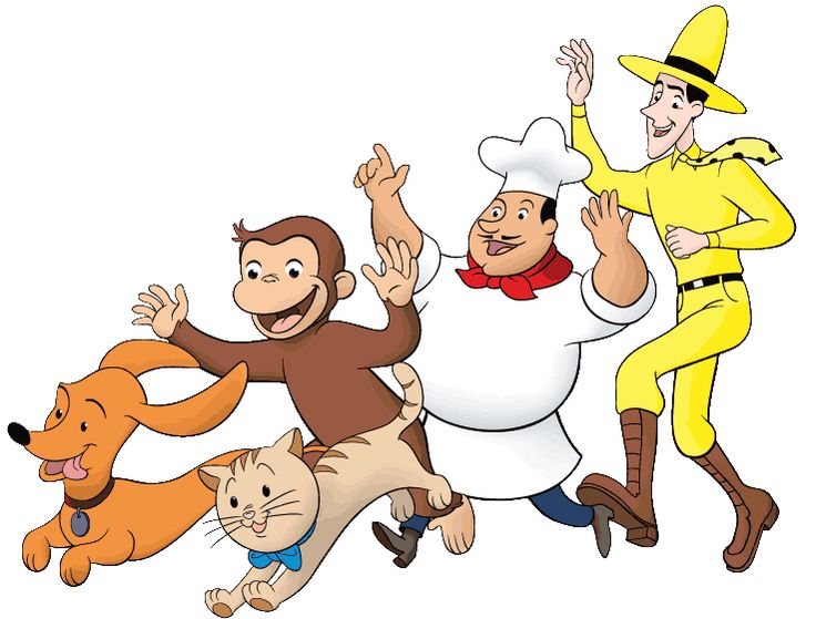 Curious George, the Man in the Yellow Hat, Chef, dog, and cat running joyfully together.