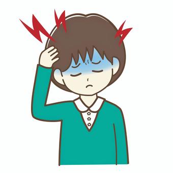 Person with headache, holding head, red lightning bolts indicating pain and blue forehead suggesting fever or stress.