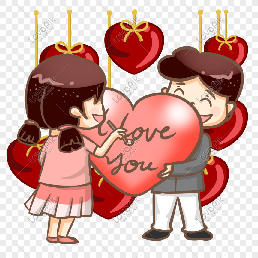 Cartoon couple writing "I love you" on a giant red heart, surrounded by hanging hearts and bows.
