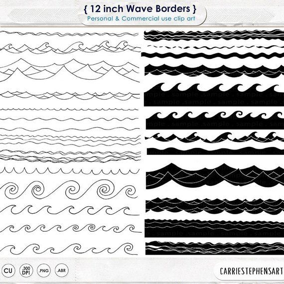 Collection of 12-inch wave border clip art in black-and-white line and solid styles for personal and commercial use.