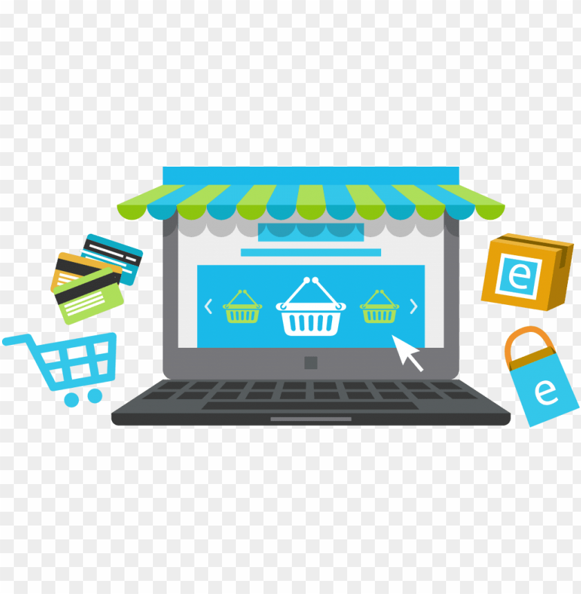 Laptop displaying an online store with shopping carts, credit cards, and e-commerce icons under a striped awning.