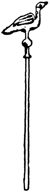 Black-and-white line drawing of a stylized bird perched atop a slender staff or scepter.