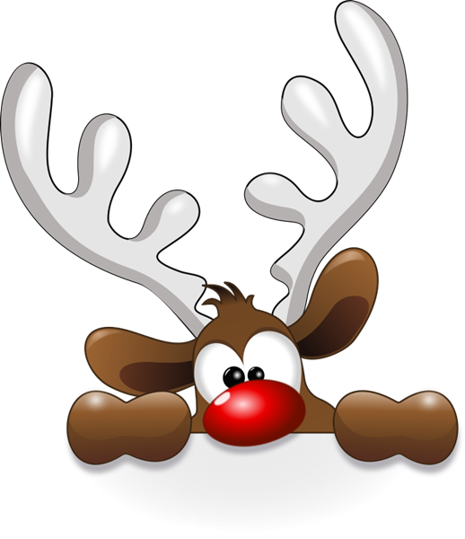 Cute cartoon reindeer with large white antlers, big eyes, and a shiny red nose peeking over a snowy edge.