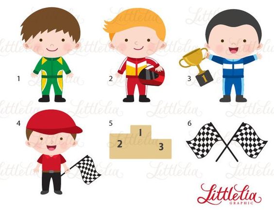 Six cartoon racing-themed illustrations: drivers in suits, trophy winner, podium, checkered flags, and a child with flag.