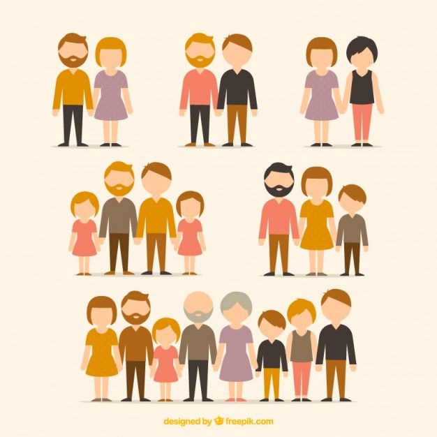 Flat-style vector illustrations of diverse family structures including couples, parents with children, and multi-generational households.
