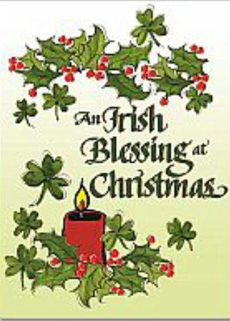 Irish Christmas blessing card with holly, shamrocks, and a red candle.