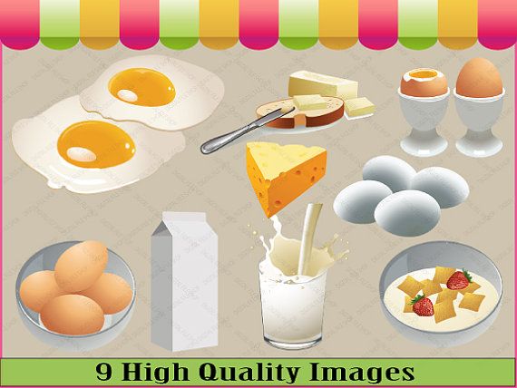 High-quality food illustration featuring eggs, milk, cheese, butter, and breakfast items under a colorful awning.