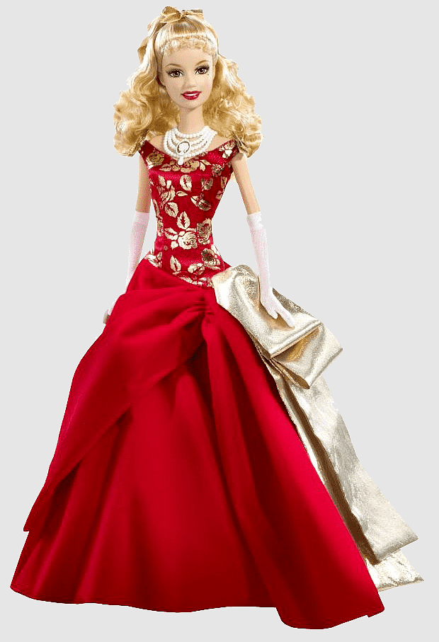 Barbie doll in a red and gold floral gown with pearl necklace, white gloves, and gold clutch.