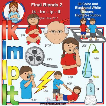 Educational clipart set showing final consonant blends Ik, Im, Ip, It with illustrated examples like sink, film, lip, sit.