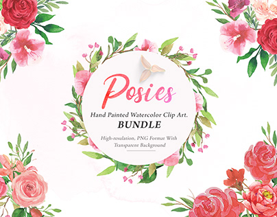Hand-painted watercolor posy floral clip art bundle with pink and red roses, green leaves, and transparent PNG format.
