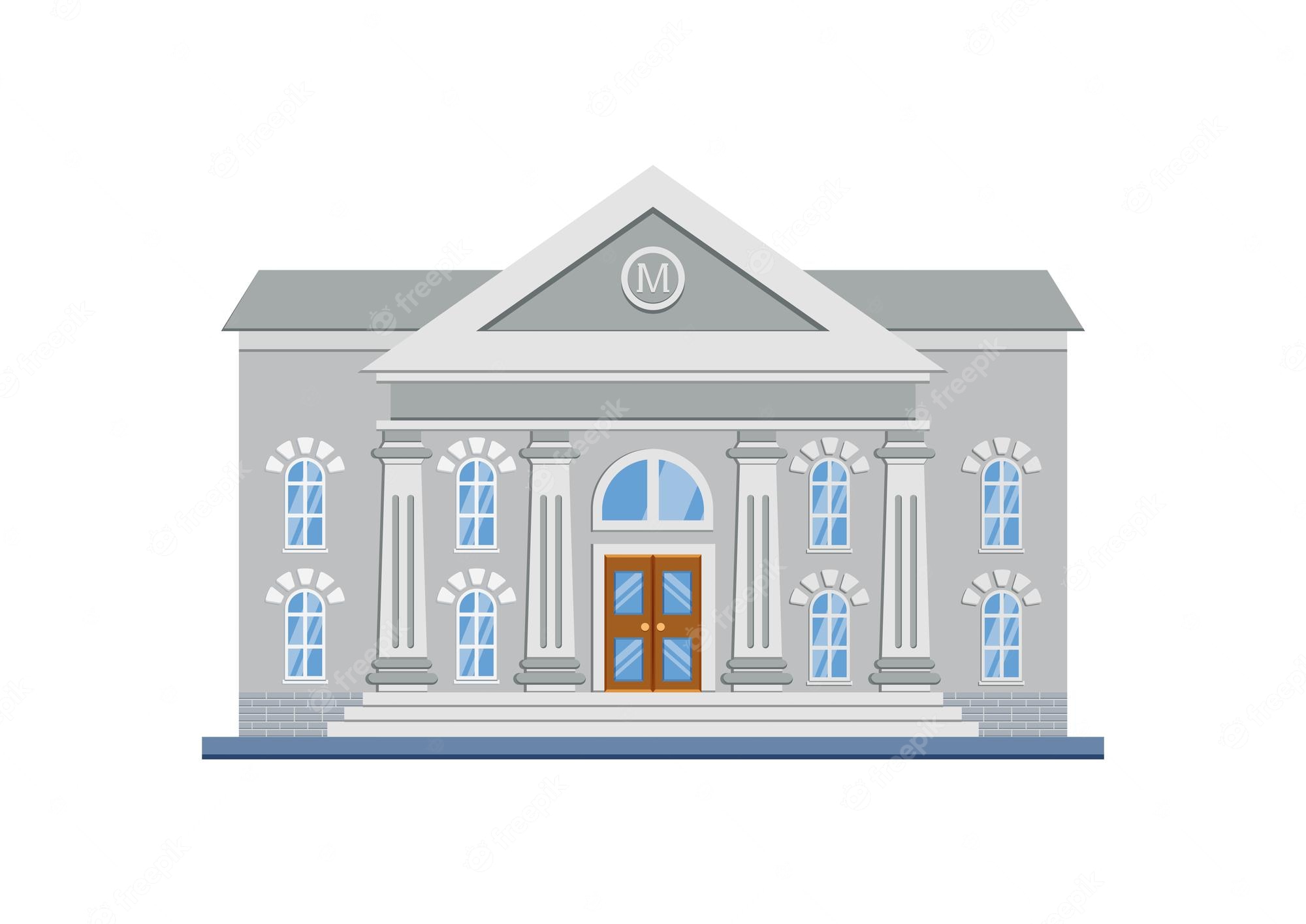 Classical gray stone building with columns, arched windows, and a central wooden door marked with 'M' in pediment.