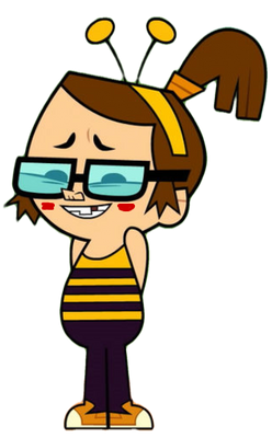 Cartoon girl with glasses, bee antennae, striped top, and ponytail smiling playfully.