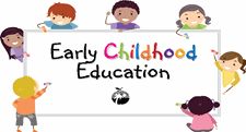 Diverse group of cartoon children surrounding a sign that reads "Early Childhood Education" with playful illustrations.