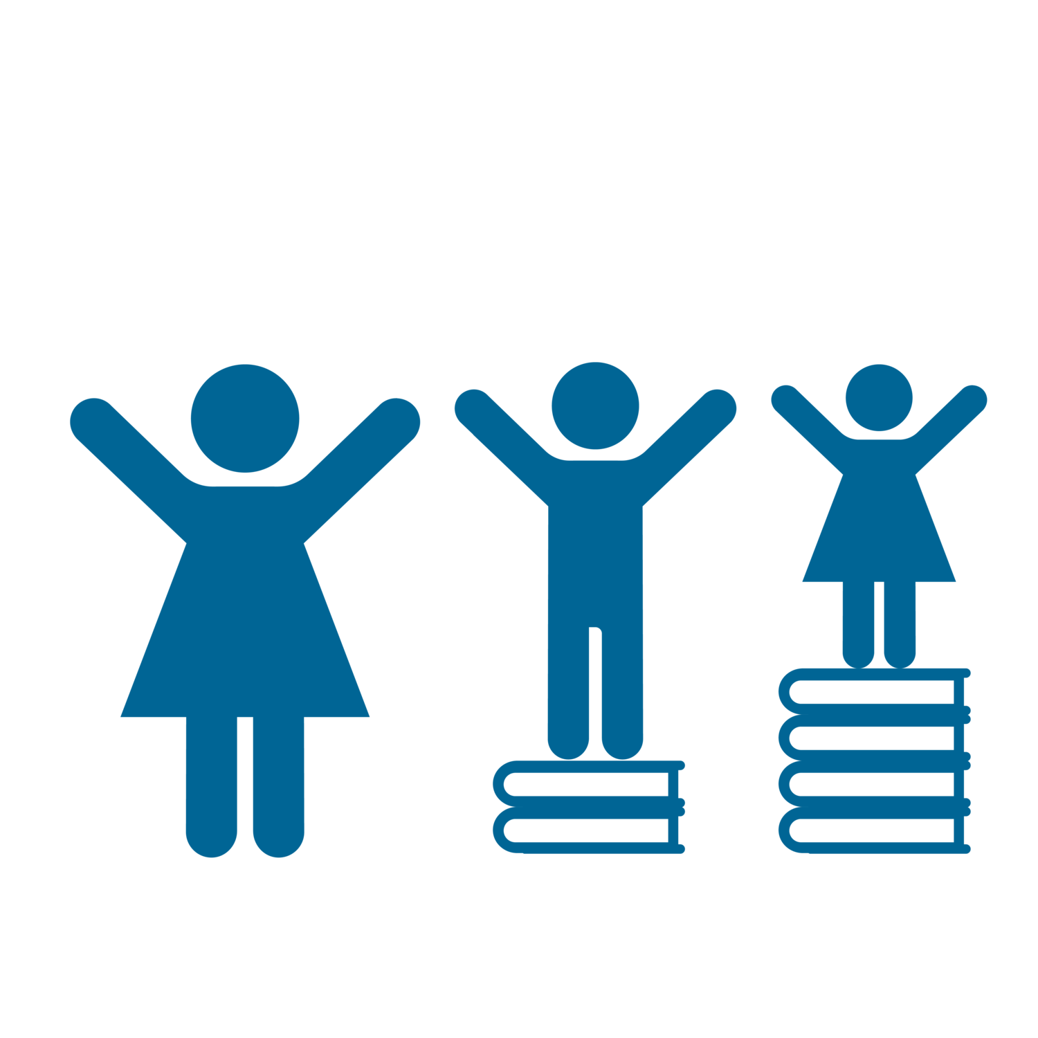 Three stylized children with raised arms; two stand on stacks of books, symbolizing educational equity and growth.