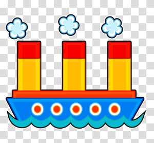 Colorful cartoon steamship with three red-and-yellow smokestacks emitting blue clouds, sailing on blue waves.