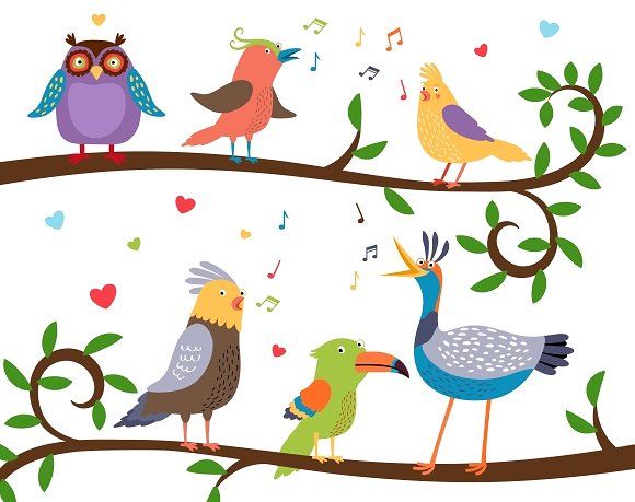 Colorful cartoon birds singing on tree branches with musical notes and hearts.