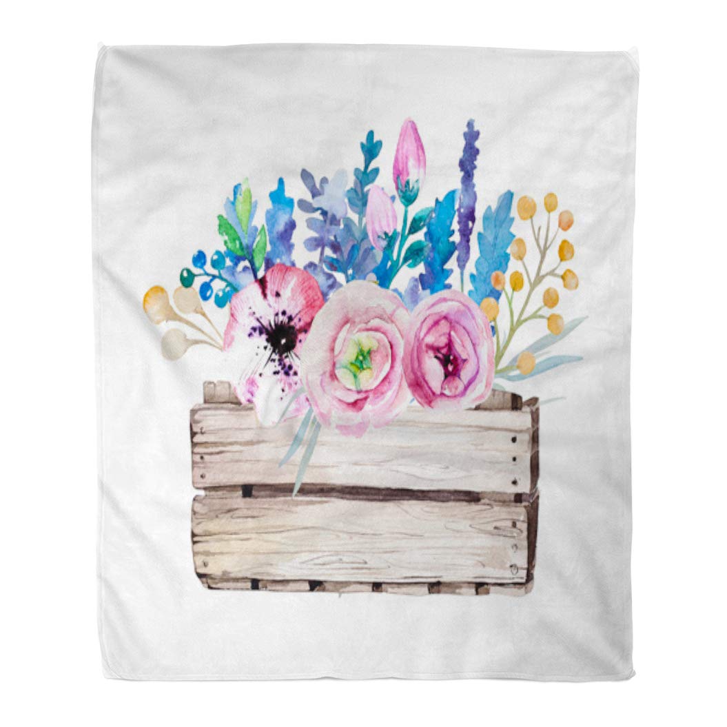 Watercolor floral bouquet in rustic wooden crate on white fabric background