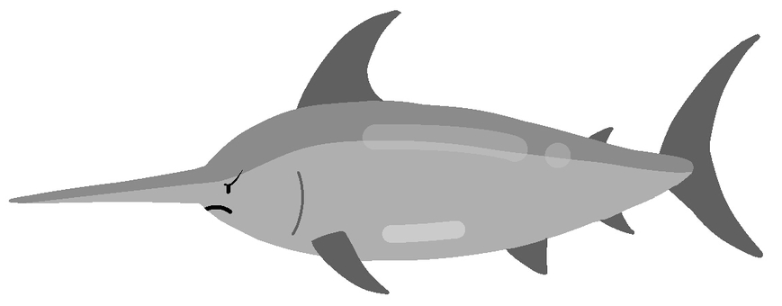 A stylized gray swordfish with a long rostrum, expressive face, and simplified fins on a white background.