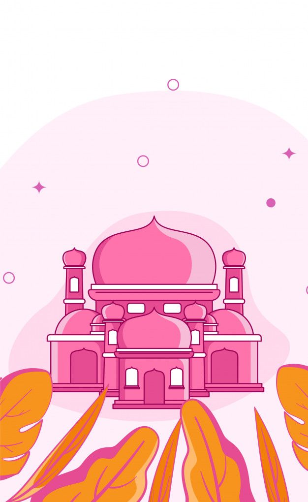 Pink illustrated mosque with domes and minarets, surrounded by orange tropical leaves and soft pastel background.