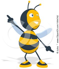 Cheerful cartoon bee pointing upward with one hand and gesturing outward with the other, wearing yellow-and-black stripes and shoes.