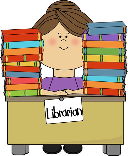 Smiling librarian behind a desk piled high with colorful books, sign reading "Librarian".