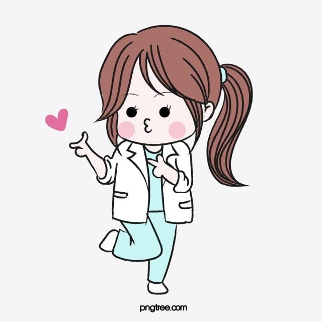 Cute cartoon female doctor in white coat and scrubs, blowing a kiss with heart icon.
