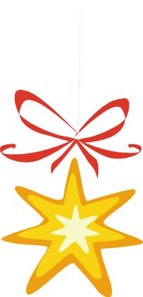 A red ribbon bow hangs above a golden five-pointed star ornament, both suspended as festive holiday decorations.