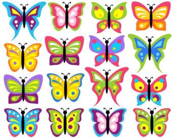 A grid of 16 vibrant, stylized butterfly illustrations in varied colorful patterns and symmetrical designs.