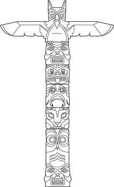 Black-and-white line drawing of a traditional Indigenous totem pole with seven carved animal and spirit figures, topped by an eagle.