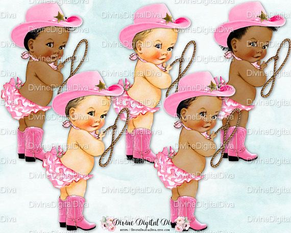 Five illustrated baby cowgirls in pink hats, boots, and ruffled skirts holding lassos, diverse skin tones, playful pose.