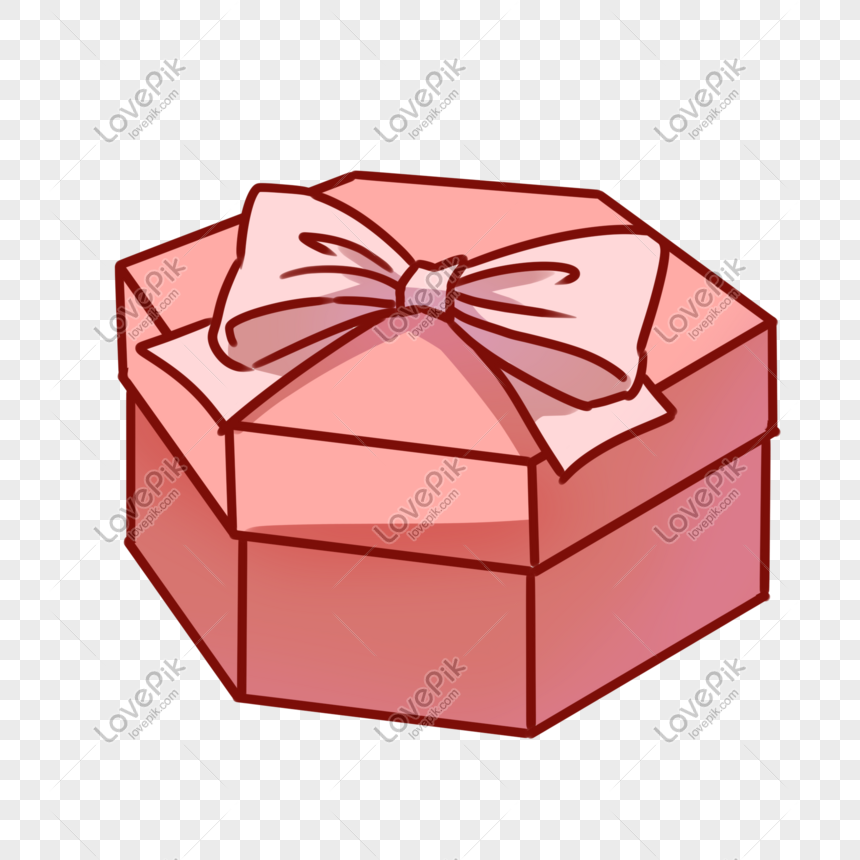Pink gift box with ribbon bow, cartoon-style illustration on transparent background.