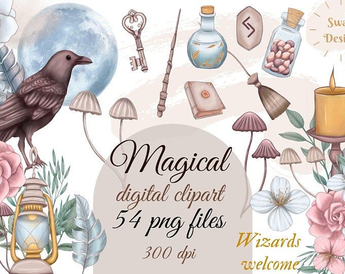Magical digital clipart set with raven, moon, mushrooms, potion bottles, wand, lantern, and flowers-54 PNG files at 300 dpi.