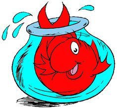 Red cartoon fish with devil horns inside a blue fishbowl, splashing water.