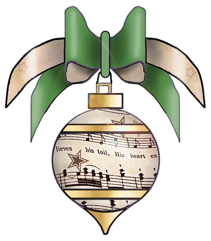 Vintage-style Christmas ornament with sheet music, stars, and a green ribbon bow.