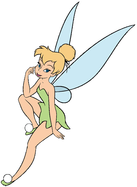 Tinker Bell, a Disney fairy with blonde hair in a bun, light blue wings, and a green leaf dress, posed thoughtfully mid-flight.