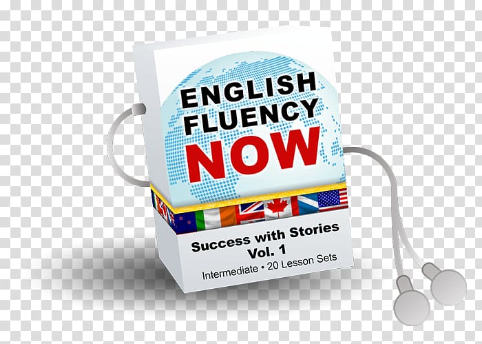English Fluency Now Vol. 1 book with earphones, featuring global flags and intermediate lesson sets.