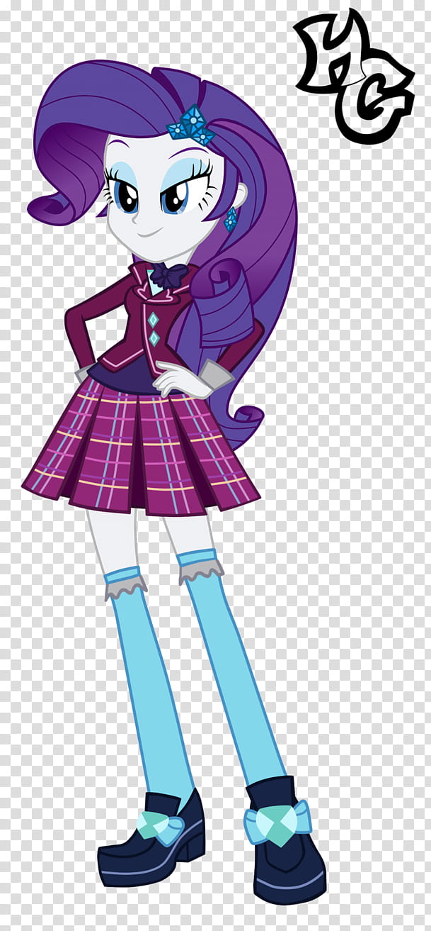 Rarity from My Little Pony: Equestria Girls in a stylish purple plaid outfit with blue accessories and confident pose.
