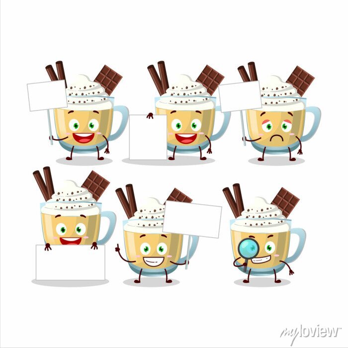 Six cheerful cartoon hot chocolate mugs with whipped cream, chocolate sticks, and expressive faces holding blank signs.