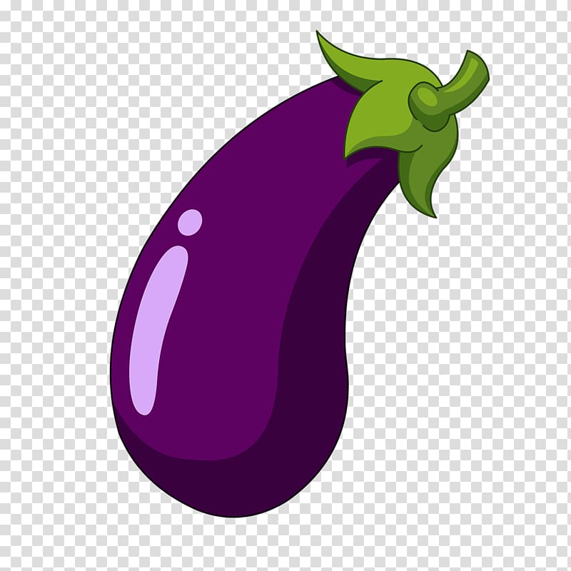 Cartoon-style purple eggplant with green calyx on transparent background.
