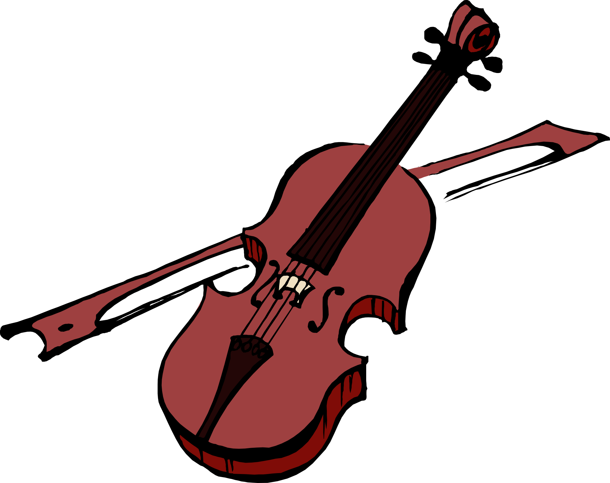 Stylized red violin with bow, cartoon illustration on white background.