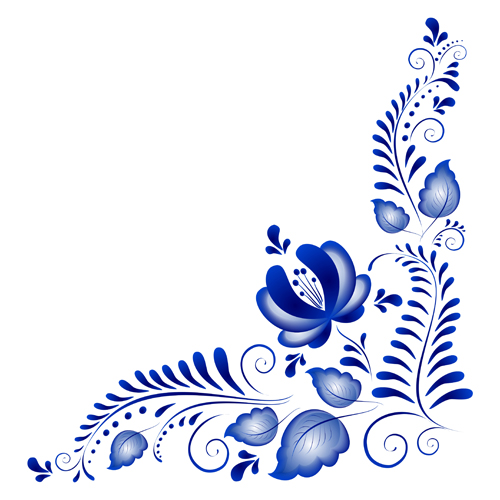 Blue floral corner ornament in traditional Russian Gzhel style with swirling leaves and blossoms on white background.