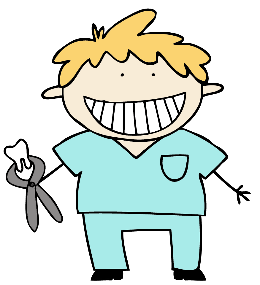 Cartoon dentist with blond hair, big smile, holding tooth and extraction forceps in teal scrubs.