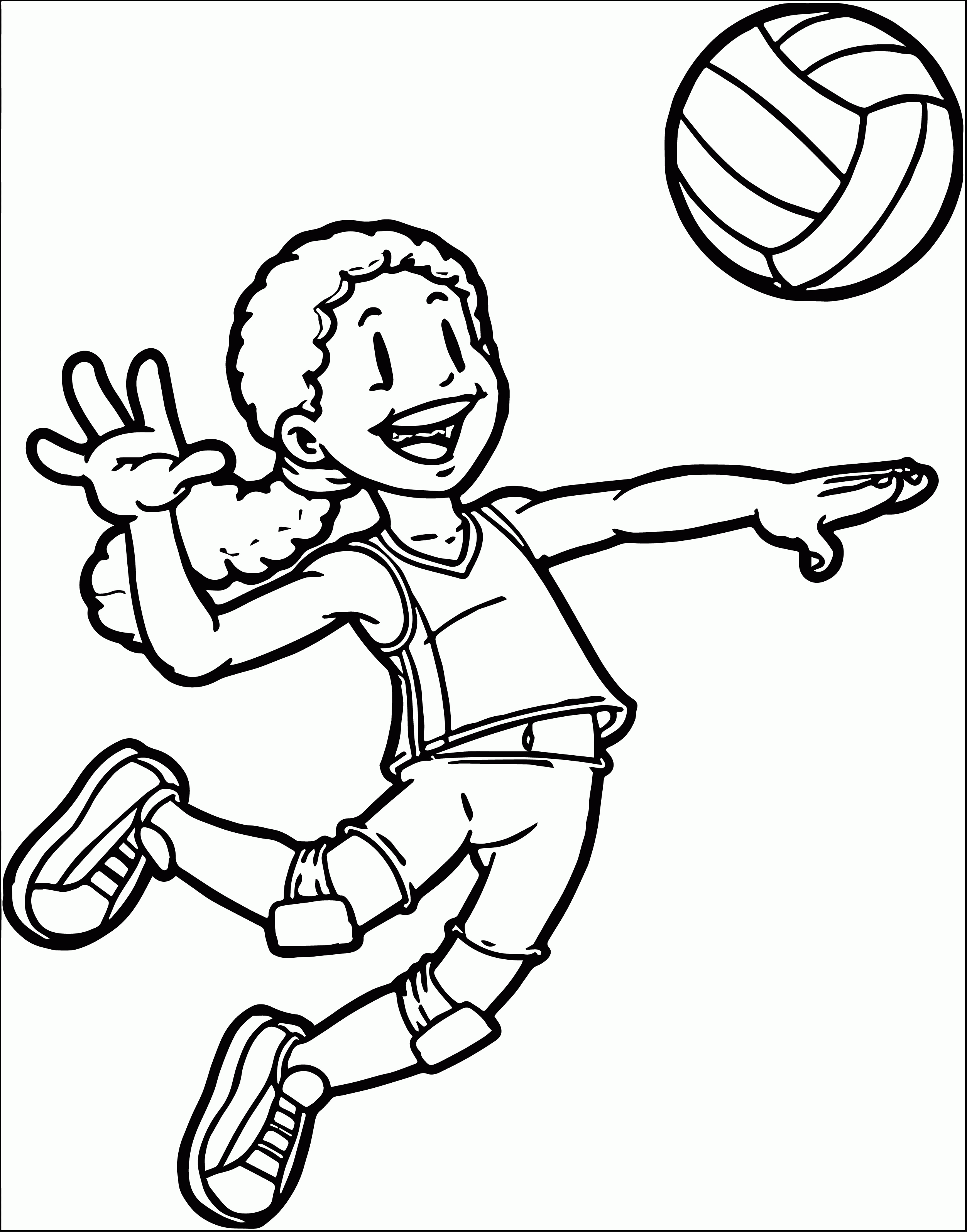 A smiling boy in a volleyball uniform jumps to spike a ball, wearing knee pads and athletic shoes.